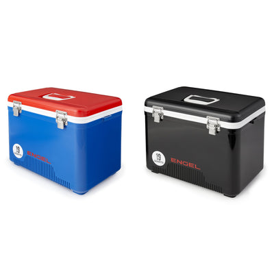 Engel 2 19 Qt 32 Can Airtight Insulated Coolers 1 in Red/Blue and 1 in Black