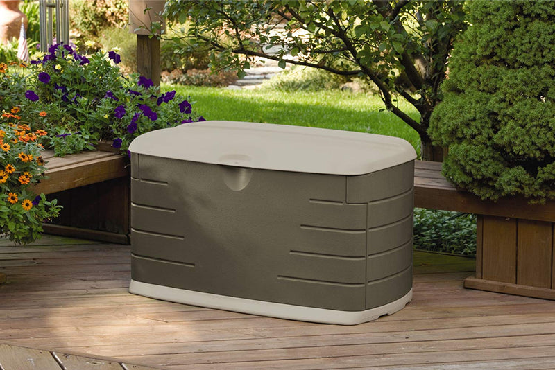 Rubbermaid 75 Gallon Medium Resin Outdoor Patio Storage Box with Seat, Sandstone