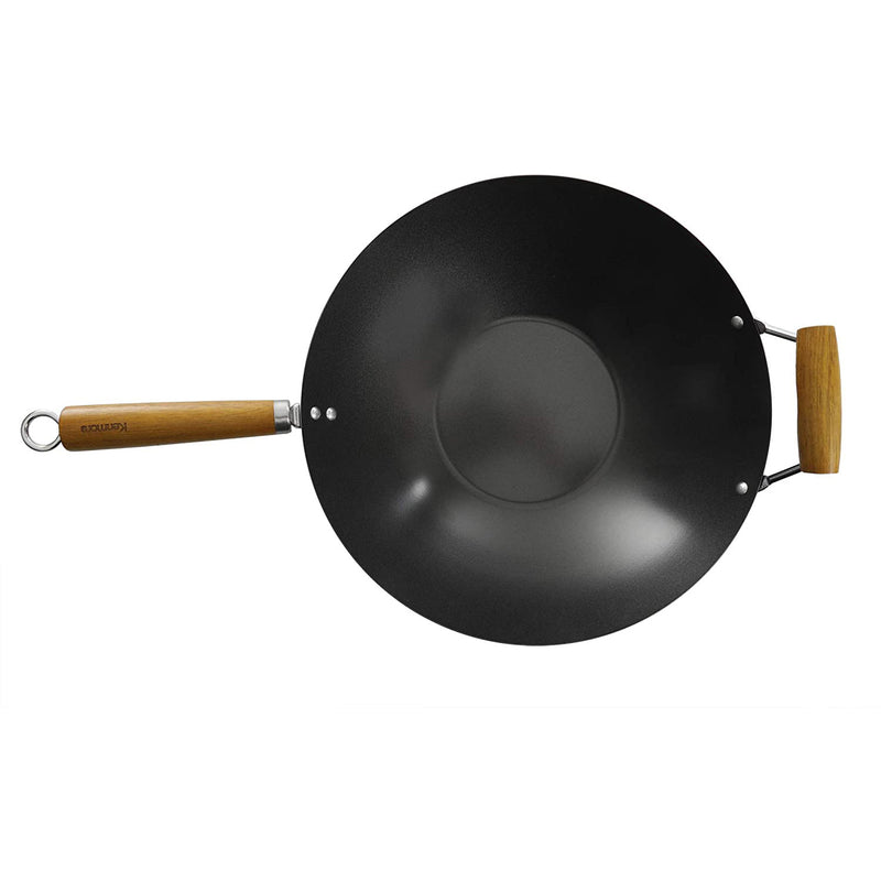 Kenmore Hammond 14 Inch Carbon Steel Flat Bottom Cooking Wok with Wood Handle