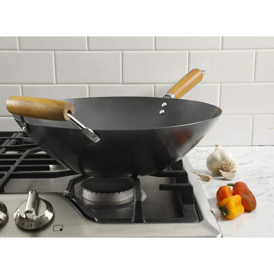 Kenmore Hammond 14 Inch Carbon Steel Flat Bottom Cooking Wok with Wood Handle