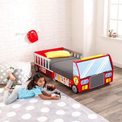 KidKraft Wooden Fire Truck Baby, Toddler, and Kids Transition Bed and Cot, Red