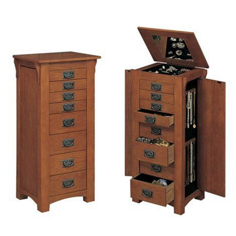 Powell 8 Drawer Free Standing Simplistic and Sturdy Mission Oak Jewelry Armoire