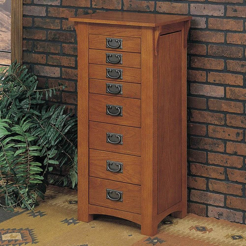 Powell 8 Drawer Free Standing Simplistic and Sturdy Mission Oak Jewelry Armoire