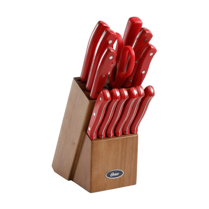 Oster Evansville 14 Piece Stainless Steel Kitchen Knife Cutlery Set, Red/Wood