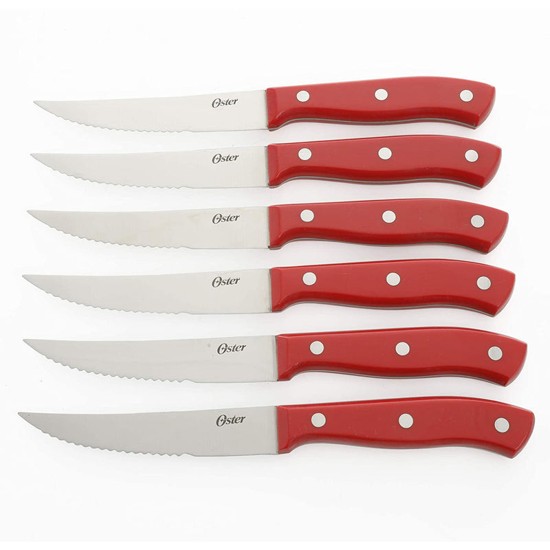 Oster Evansville 14 Piece Stainless Steel Kitchen Knife Cutlery Set, Red/Wood