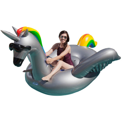 GAME Giant Inflatable Ride-On Rainbow Alicorn Unicorn Pool Float w/ Cup Holders