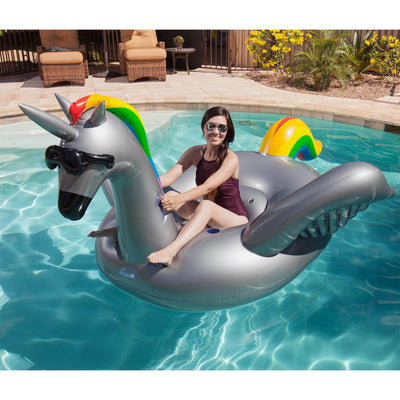 GAME Giant Inflatable Ride-On Rainbow Alicorn Unicorn Pool Float w/ Cup Holders