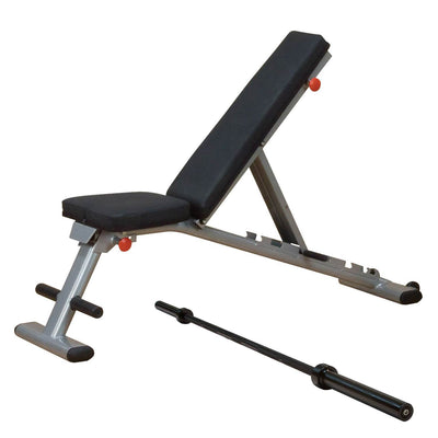 Body Solid Folding Adjustable Exercise Workout Bench + 7' Weightlifting Bar