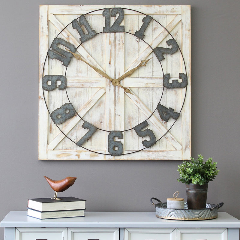 Stratton Home Decor S11545 Rustic Wood and Metal Farmhouse Mounted Wall Clock