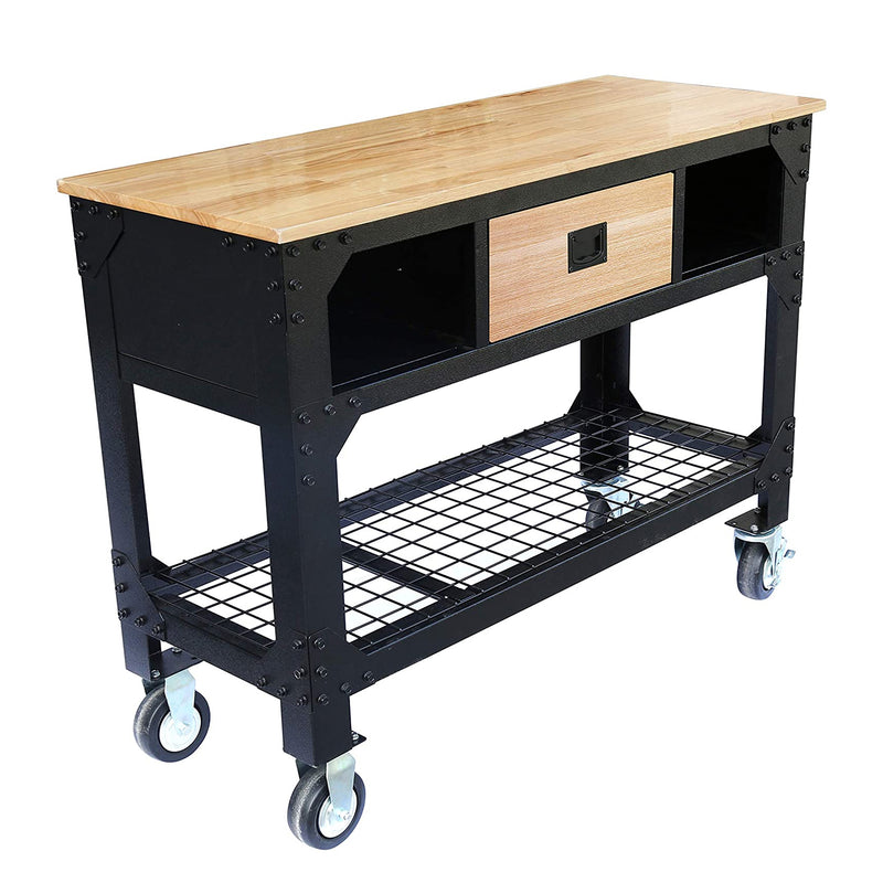 Olympia Tools 86-831 Steel Workbench with Wood Tabletop, Casters, and Storage