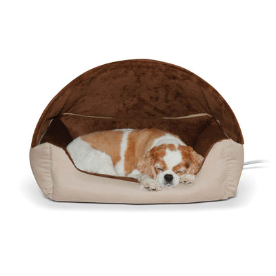 K&H Pet Products Thermo Hooded Cat Small Dog Heated Lounger Bed, Tan Chocolate