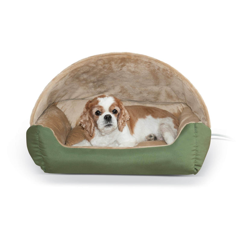 K&H Pet Products Thermo Hooded Cat Small Dog Heated Lounger Bed, Green & Tan