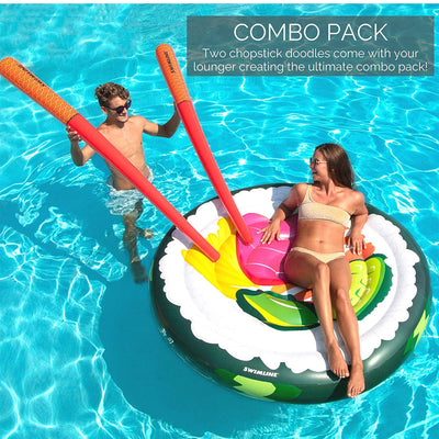 Swimline 60" Sushi Roll Island Inflatable Pool Float with 73" Chopstick Doodles