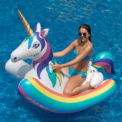 Swimline Giant Inflatable Rainbow Unicorn Rocker Ride On Swimming Pool Toy Float