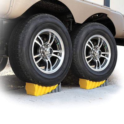 Camco RV Trailer 4 Inch Curved Wheel Leveler Leveling Block with Chock (2 Pack) - VMInnovations