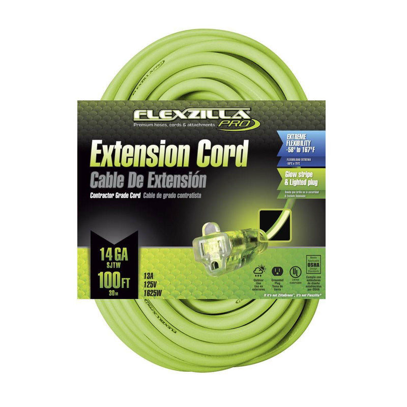 Flexzilla 100 Ft Indoor & Outdoor Lighted Plug Pro Extension Cord, 14/3 AWG SJTW