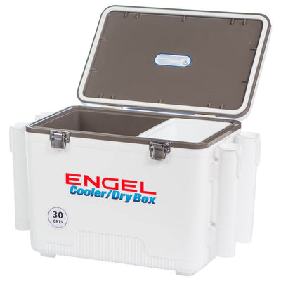 ENGEL 30 Quart 48 Can Lightweight Insulated Mobile Cooler Drybox Chest, White