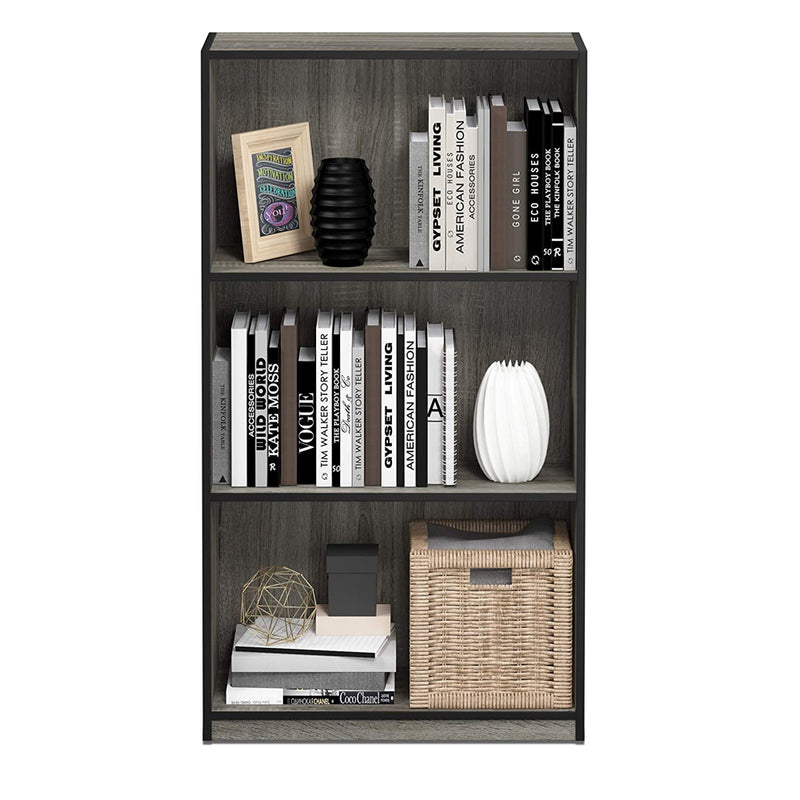 Furinno Basic 3 Tier Open Bookcase Display Storage Shelf Organizer, Gray/Black