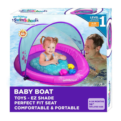 SwimSchool Baby Boat Float with Adjustable Seat & Sun Shade Canopy, Berry/Pink