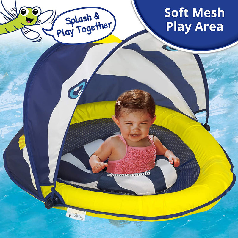 SwimSchool Perfect Fit BabyBoat w/ Sunshade Level 1 Fish Pool Float, Navy/White