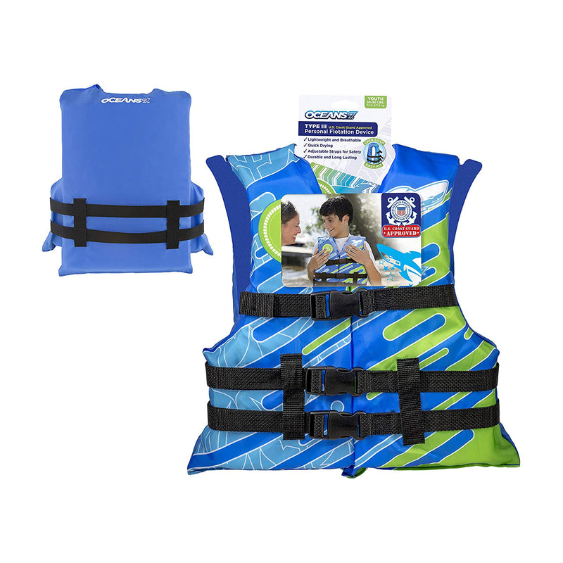 Oceans 7 US Coast Guard Approved Type III Kids PFD Life Jacket Vest, Blue/White