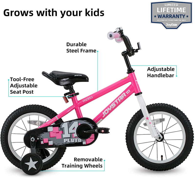 Joystar Pluto 14 Inch Ages 3 to 5 Kids Girls BMX Bike with Training Wheels, Pink - VMInnovations