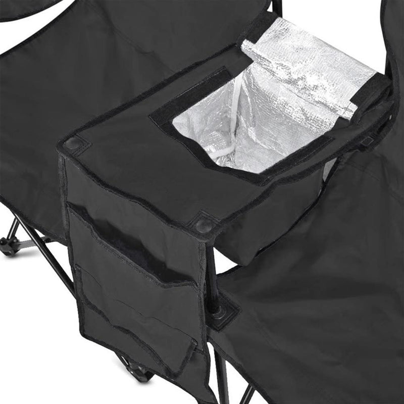 GoTeam Double Folding Camping Chair Set w/ Shade Umbrella & Cooler Bag, Black