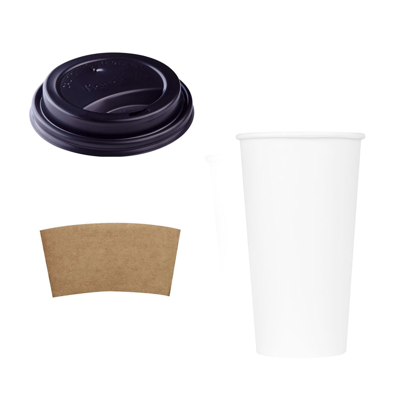 Karat Sipper Dome Black Lid w/ 20 Oz White Poly Lined Paper Cups & Jacket Sleeve