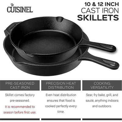 Cuisinel 10 Inch and 12 Inch Pre Seasoned Round Cast Iron Skillet Set with Lids
