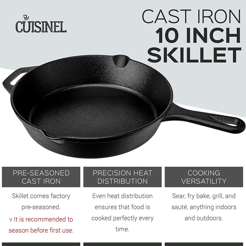 Cuisinel 10 Inch Pre Seasoned Round Cast Iron Skillet Pan w/ Silicon Handle Grip