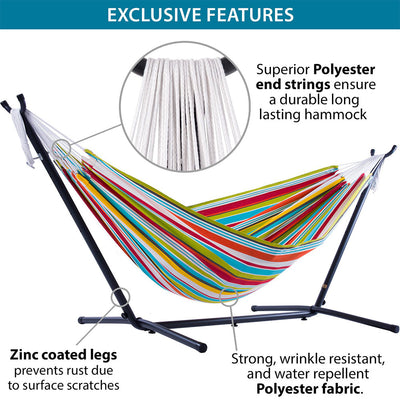 Vivere Double Polyester Easy Assemble Outdoor Hammock with Steel Stand, Ciao