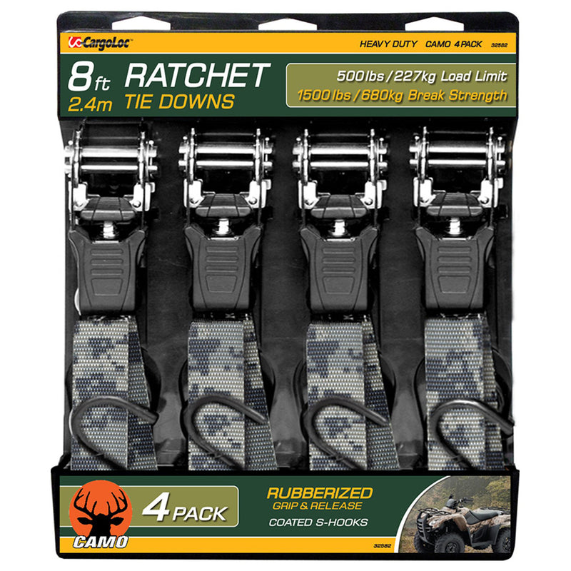CargoLoc 32582 8 Ft x 1 In 1500 Lb Ratchet Tie Down Straps with S Hooks (4 Pack)
