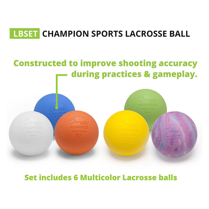 Champion Sports 6 Pack Official Rubber Lacrosse Regulation Ball Set, Multicolor