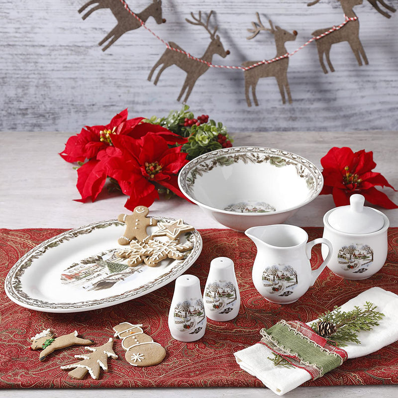 Gibson Home Christmas Toile 7 Piece Porcelain Dinnerware Set, White (Open Box)