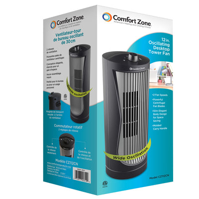 Comfort Zone 12-Inch Compact 2 Speed Home Desktop Oscillating Tower Fan, Black