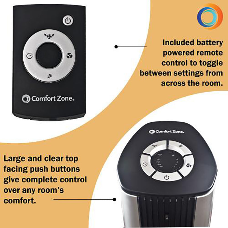 Comfort Zone 42" 4 Speed Slim Indoor Oscillating Tower Fan with Remote, Black