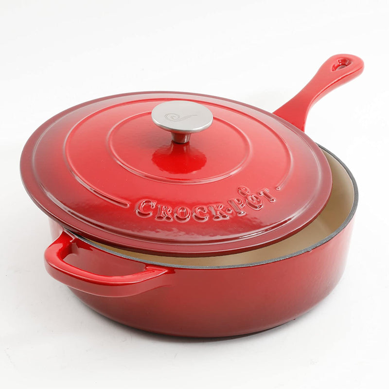 Crock-Pot Artisan 3.5 Quart Deep Enameled Cast Iron Cooking Saute Pan w/Lid, Red