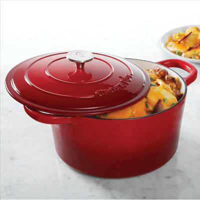 Crock-Pot 7 Quart Round Enamel Cast Iron Covered Dutch Oven Cooker, Scarlet Red