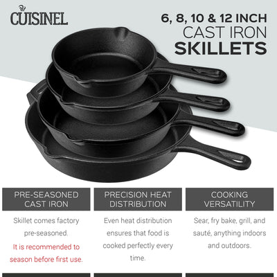Cuisinel 6", 8", 10", & 12" Pre Seasoned Cast Iron Skillet Set w/ Handle Covers