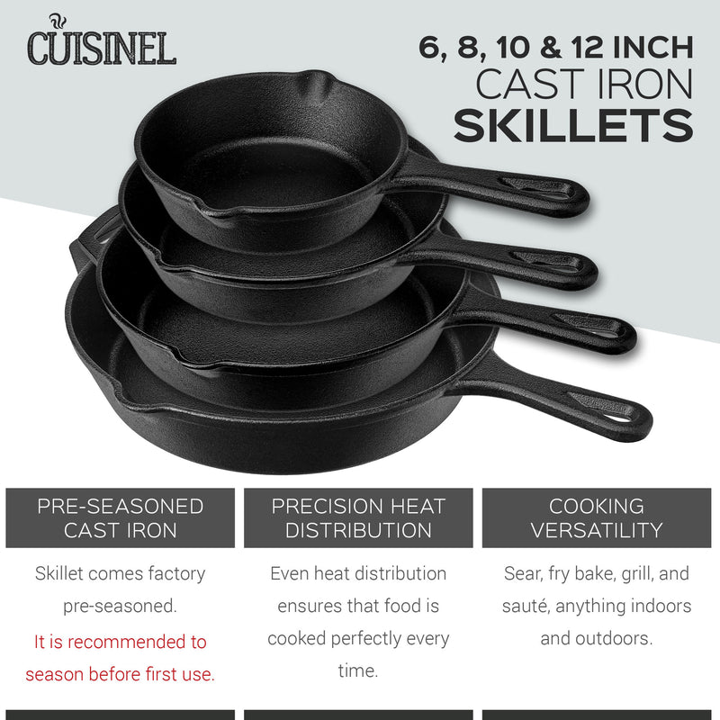 Cuisinel 6", 8", 10", & 12" Pre Seasoned Cast Iron Skillet Set w/ Handle Covers