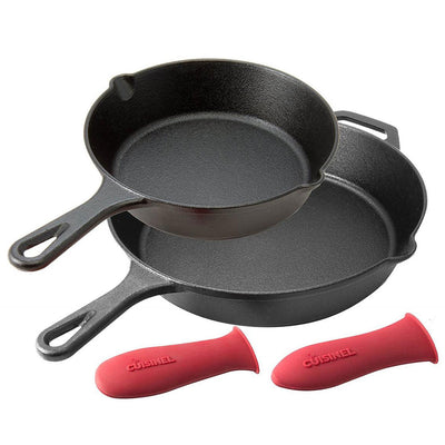 Cuisinel 8 & 10 Inch Pre Seasoned Cast Iron Skillet Cookware Set w/ Handle Cover