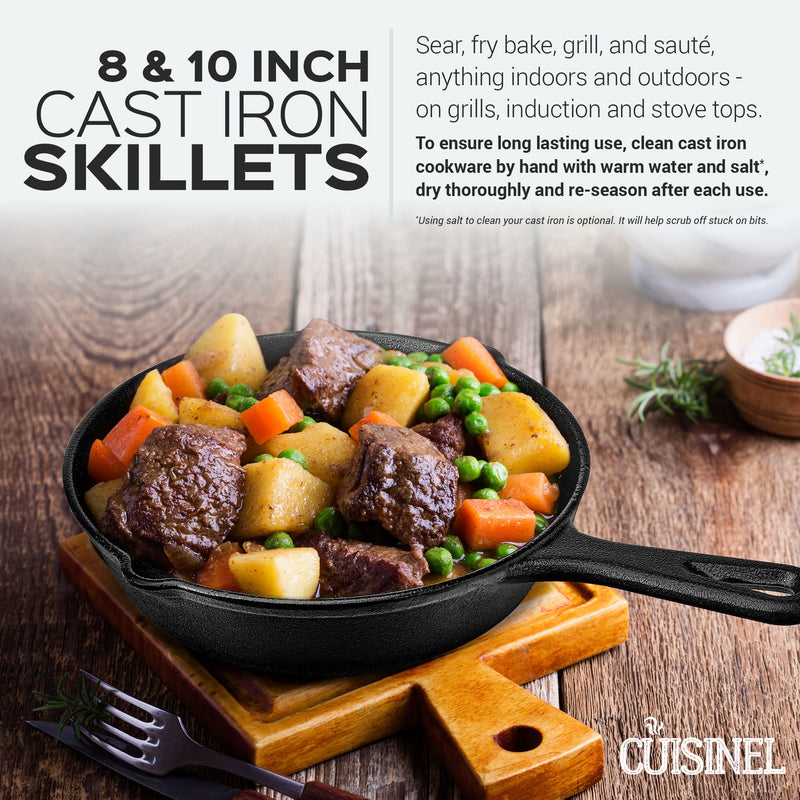 Cuisinel 8 & 10 Inch Pre Seasoned Cast Iron Skillet Cookware Set w/ Handle Cover