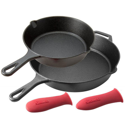 Cuisinel 8 & 12 Inch Pre Seasoned Cast Iron Skillet Cookware Set w/ Handle Cover