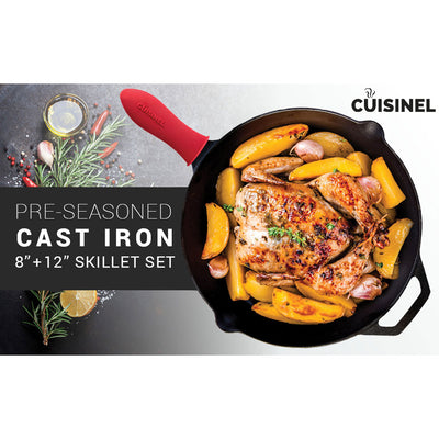 Cuisinel 8 & 12 Inch Pre Seasoned Cast Iron Skillet Cookware Set w/ Handle Cover