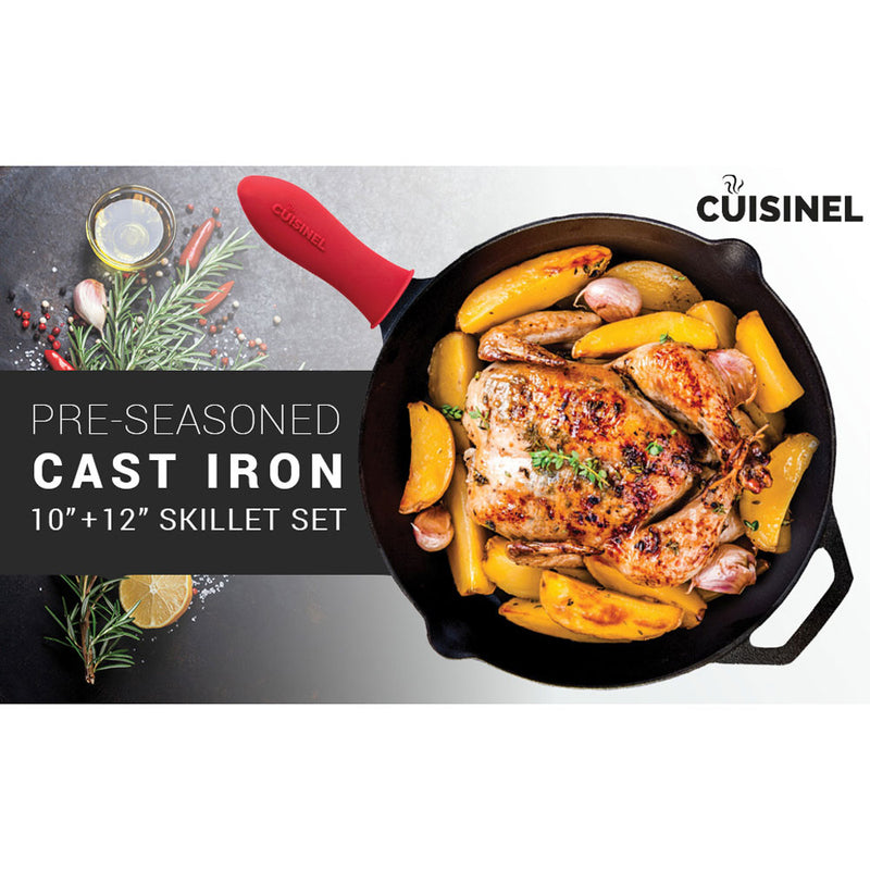Cuisinel 10 & 12 Inch Cast Iron Skillet Cookware Set & Handle Cover (Open Box)