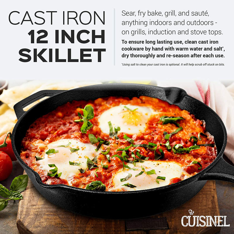 Cuisinel 12 Inch Pre Seasoned Cast Iron Skillet Pan Cookware with Handle Cover