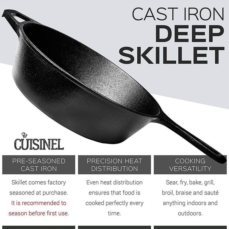 Cuisinel 10 Inch Oven Safe Pre Seasoned 3 Quart Deep Cast Iron Chef Skillet