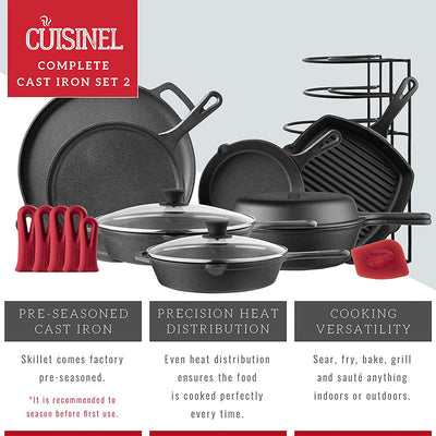 Cuisinel 11 Piece Essential Pre Seasoned Cast Iron Skillet Chef Cookware Set