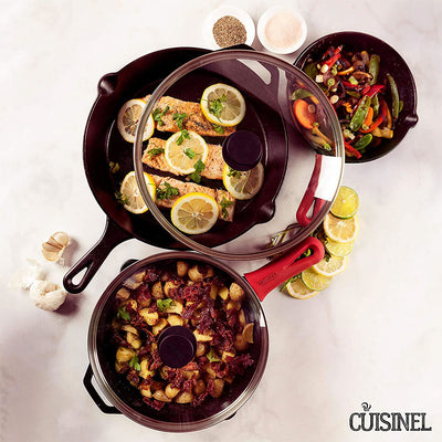 Cuisinel 7 Piece Essential Pre Seasoned Cast Iron Skillet Chef Cookware Set