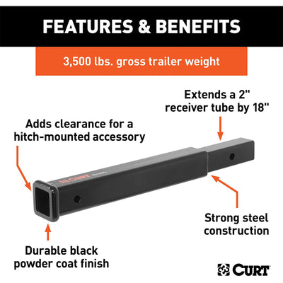 CURT 45796 18 Inch Trailer Hitch Extension for 2 Inch Receiver Holds 3500 Pounds